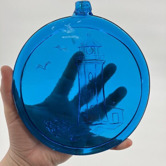 Kitras Art Glass Lighthouse scenic Blue Glass Suncatcher, 6", Window Hanging - Picture 10 of 11